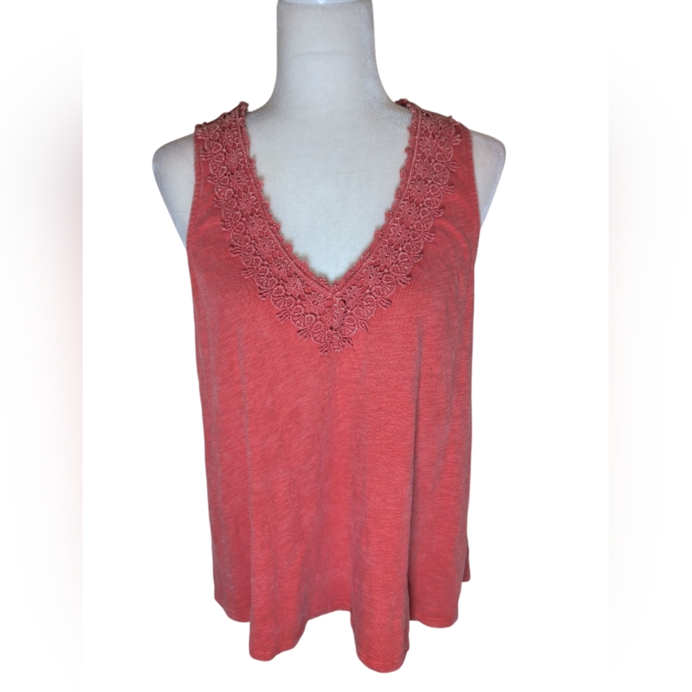 Knox Rose Women's Tank Top M Coral/Burnt Orange Crochet V-neck Relaxed Cotton